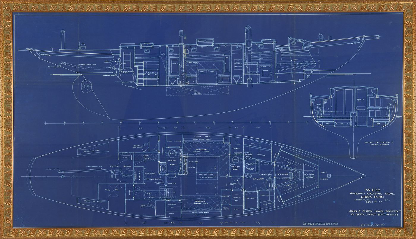 Appraisal: FRAMED JOHN ALDEN DESIGN BLUEPRINT Early th CenturyNo Auxiliary Cruising