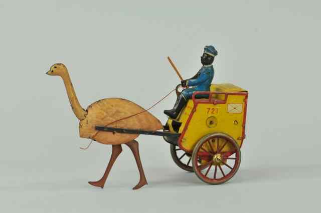 Appraisal: 'ZULU'' OSTRICH CART Lehmann Germany lithographed tin clockwork driven black