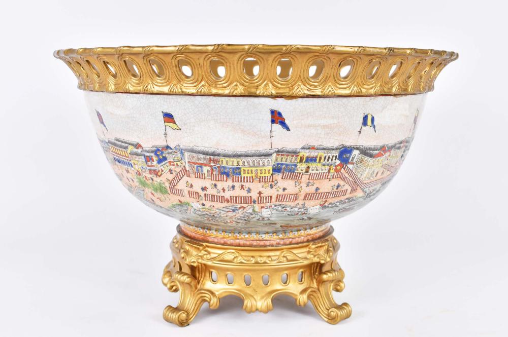 Appraisal: CHINESE EXPORT STYLE BRONZE MOUNTED PORCELAIN PUNCH BOWLModern The circular