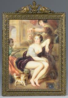 Appraisal: Miniature painting nude with attendants and dog Miniature painting rectangular