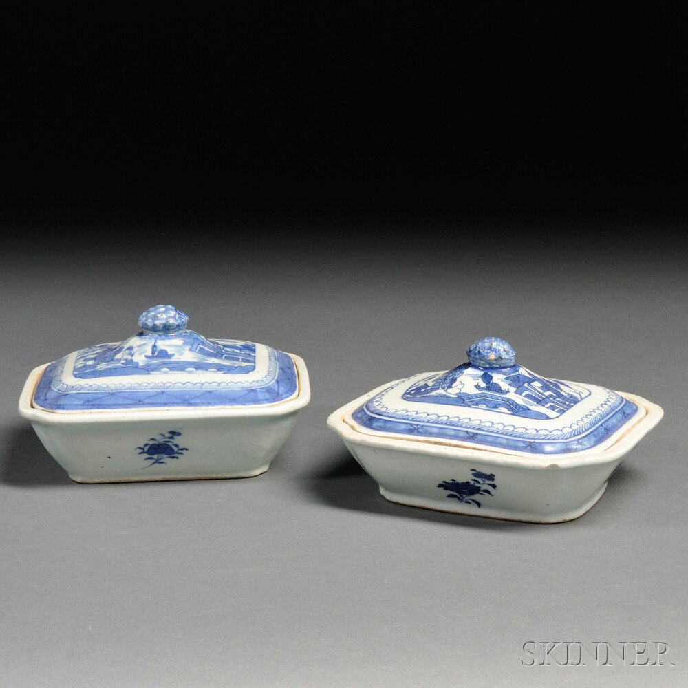 Appraisal: Two Blue and White Canton Oblong Covered Serving Dishes China