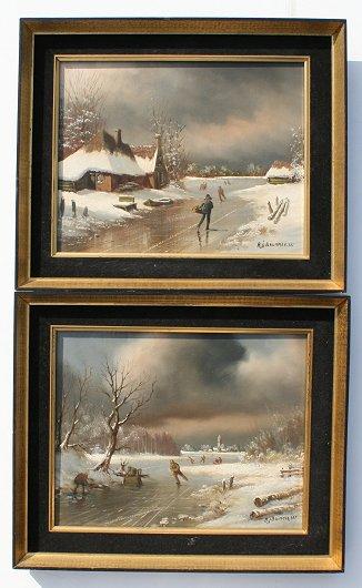 Appraisal: PAIR OF DUTCH WINTER SKATER PAINTINGS Oils Board '' x