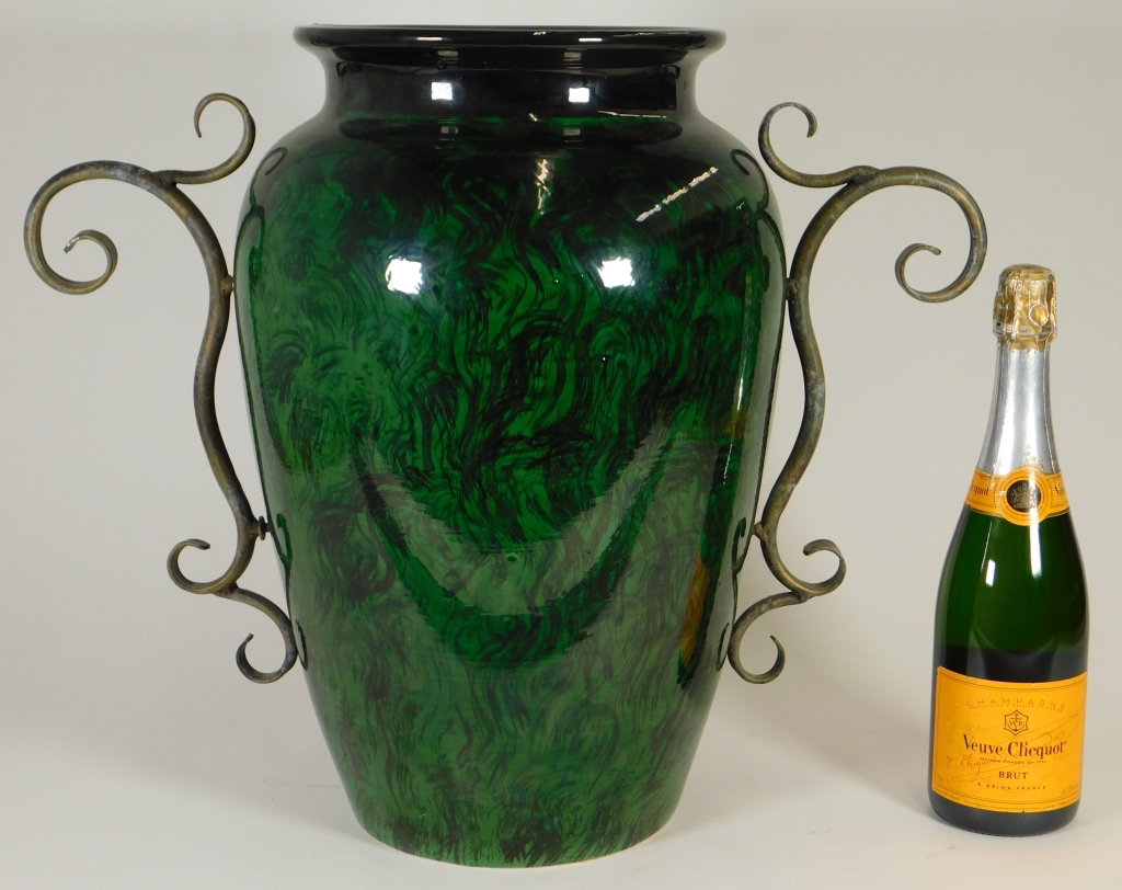 Appraisal: LG FAUX MALACHITE ART POTTERY HANDLED VASE th CenturyLarge high