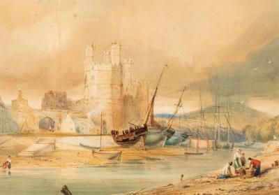 Appraisal: th Century English School Estuary with Castles Figures and Boats