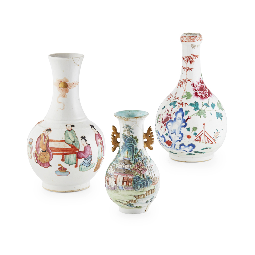 Appraisal: GROUP OF THREE FAMILLE ROSE VASES one moulded and applied