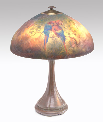 Appraisal: HANDEL Table lamp its acid-etched shade reverse-painted with a tropical