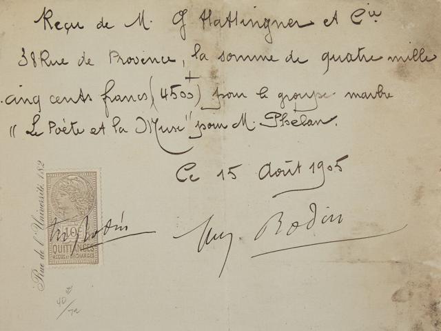 Appraisal: RODIN AUGUSTE Receipt signed Paris August Manuscript receipt in a