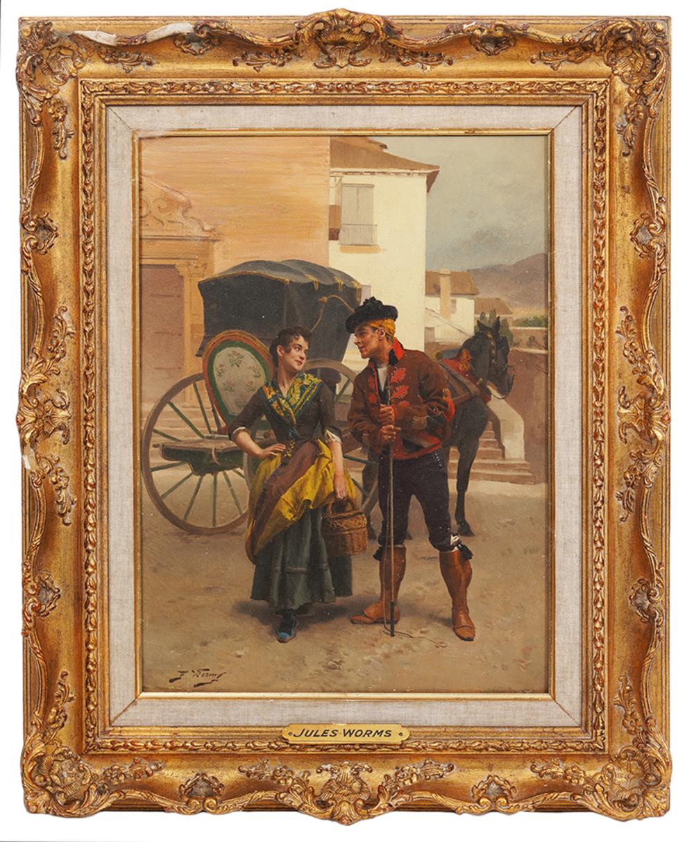 Appraisal: JULES WORM 'CHANCE MEETING' OIL ON BOARDJules Worm France -