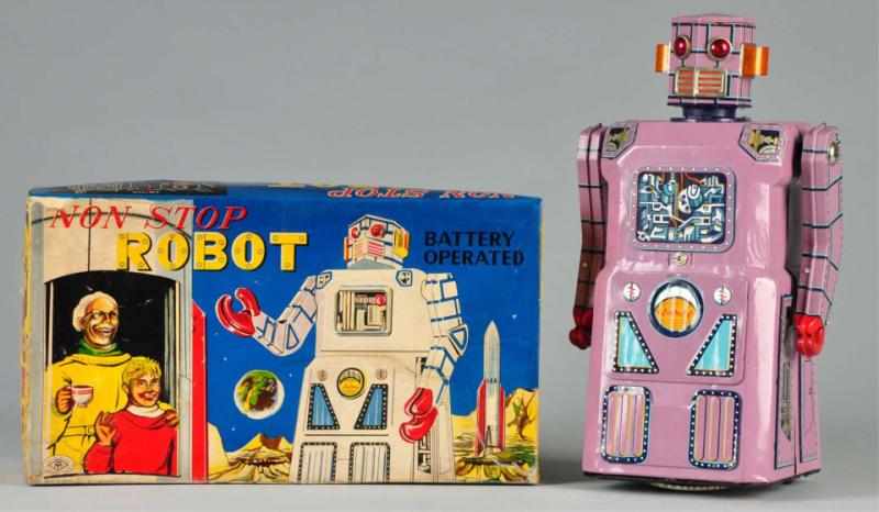 Appraisal: Tin Gang of Five Non-Stop Battery-Op Robot Toy Description Japanese