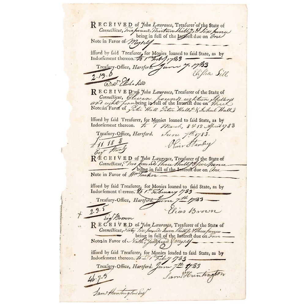 Appraisal: SAMUEL HUNTINGTON Signed Revolutionary War Interest Pay Note Autographs President