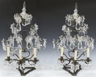 Appraisal: ITALIAN FLORIATE PRISM METAL GIRANDOLE LAMPS pair Large Italian three-light