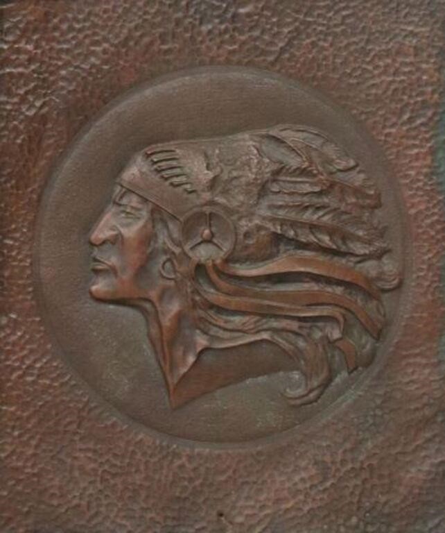 Appraisal: Framed hammered and repousse copper relief panel Native American Chief