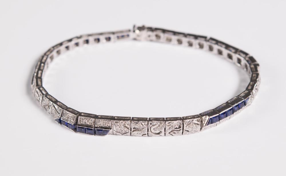 Appraisal: ART DECO DIAMOND AND SAPPHIRE BRACELET The k white gold