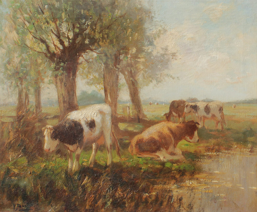 Appraisal: GOOD ILLEGIBLY SIGNED COW PAINTING Pastoral Scene with Cows at