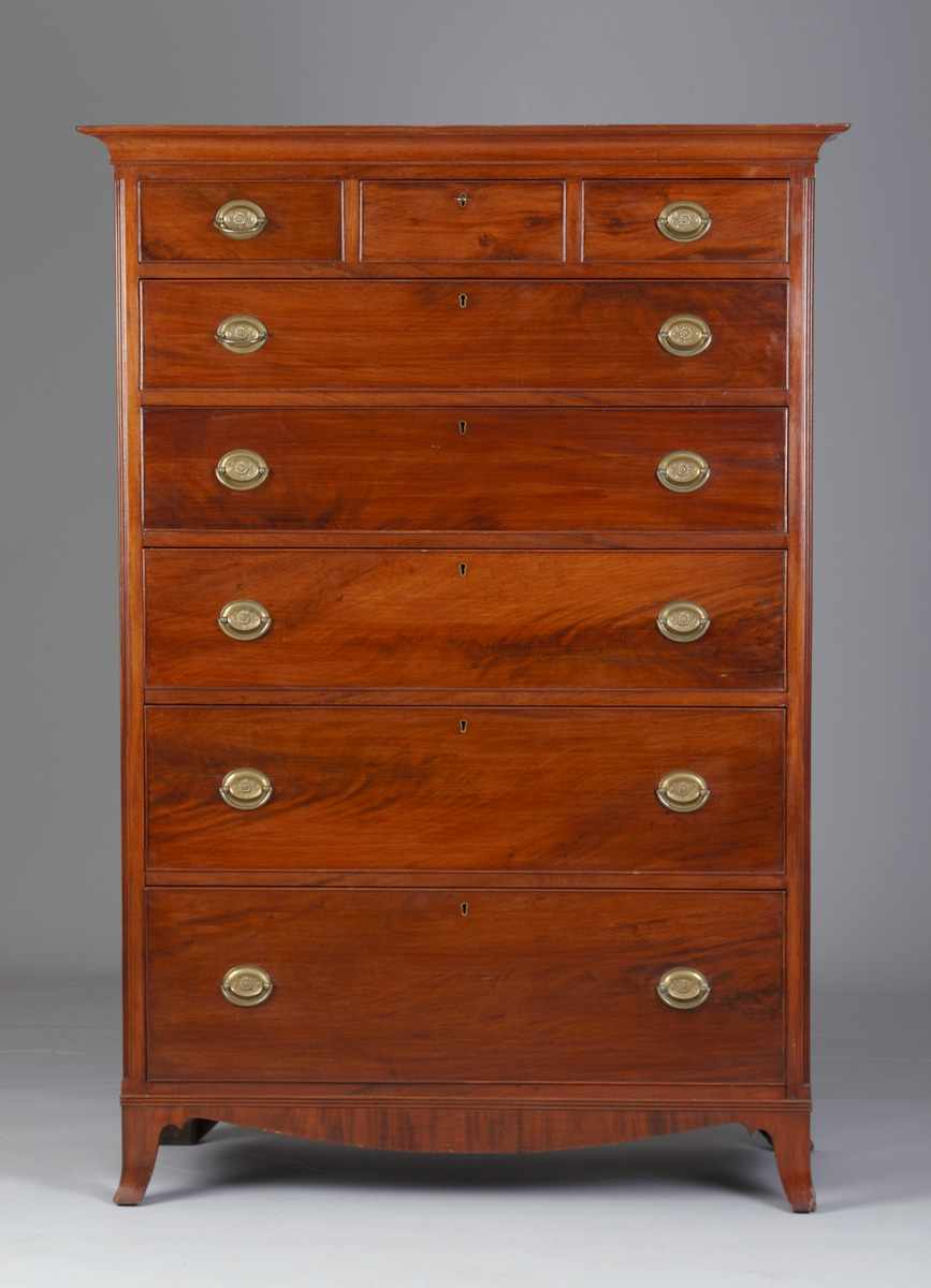 Appraisal: PA Hepplewhite Mahogany Tall Chest Fluted columns Period brasses possibly