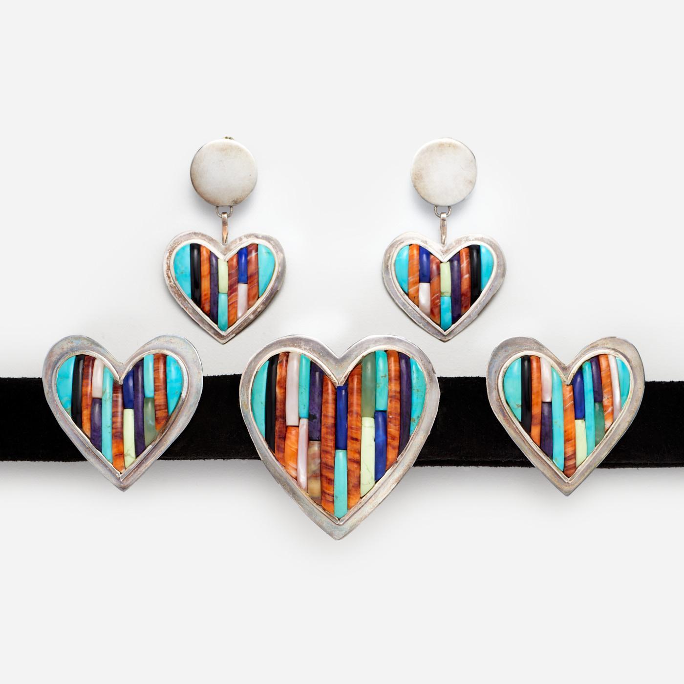 Appraisal: CARLOS EAGLE SET OF GEMSTONE INLAY HEART BELT AND EARRINGS