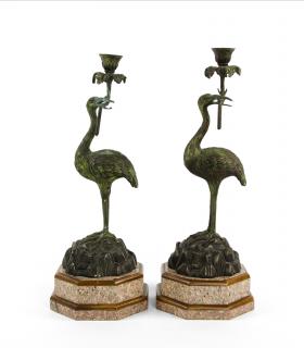 Appraisal: A PAIR OF BRONZE CRANE CANDLESTICKS ON ROUGE MARBLE BASES