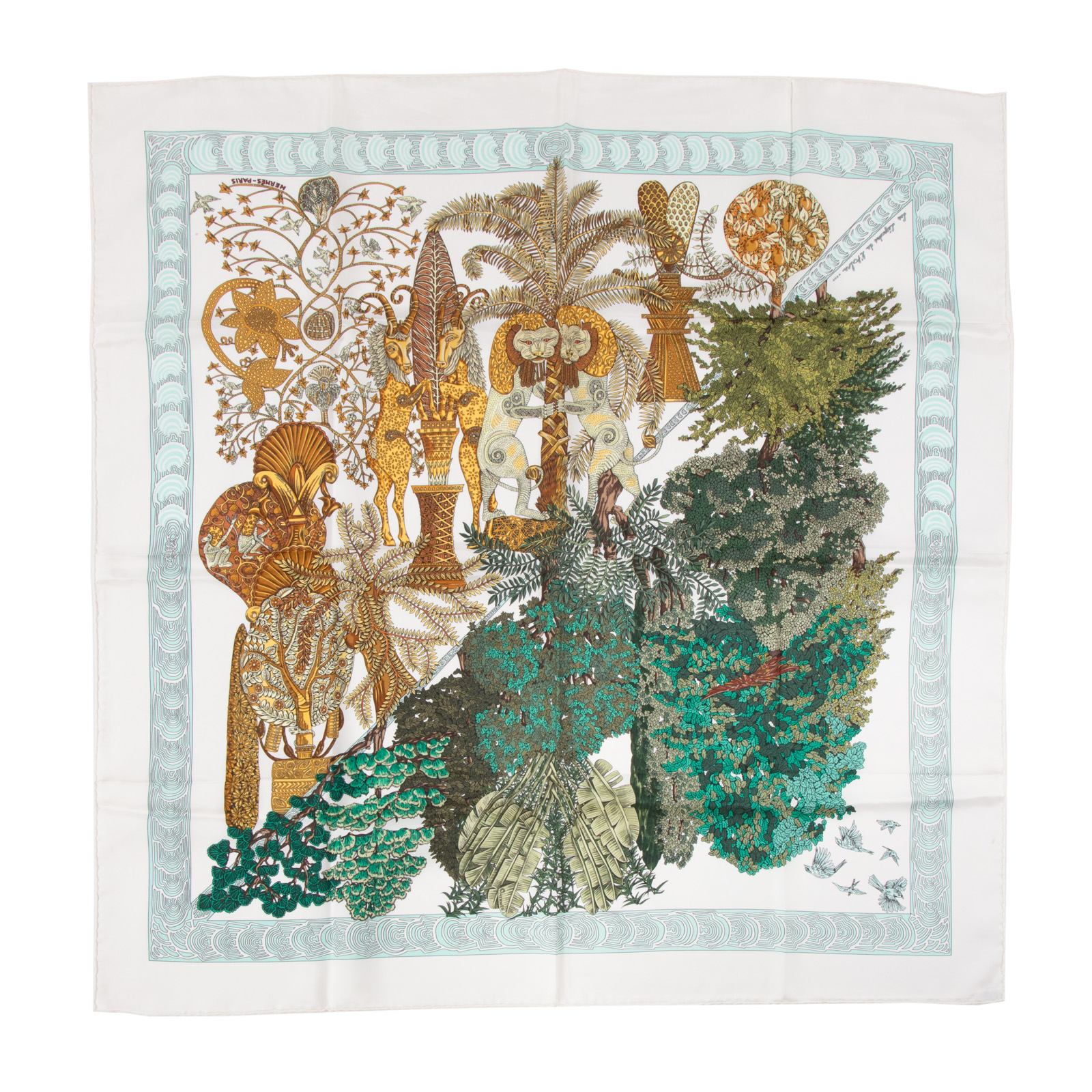 Appraisal: AN HERMES LES LEGENDES DE L'ARBRE SCARF White and multicolor