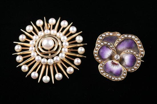 Appraisal: TWO K YELLOW GOLD PIN PENDANTS Sunburst with cultured pearls