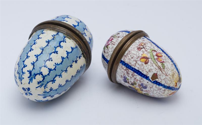 Appraisal: TWO VICTORIAN STAFFORDSHIRE BRASS-MOUNTED ENAMEL EGG-FORM BOXES Each with twist-off