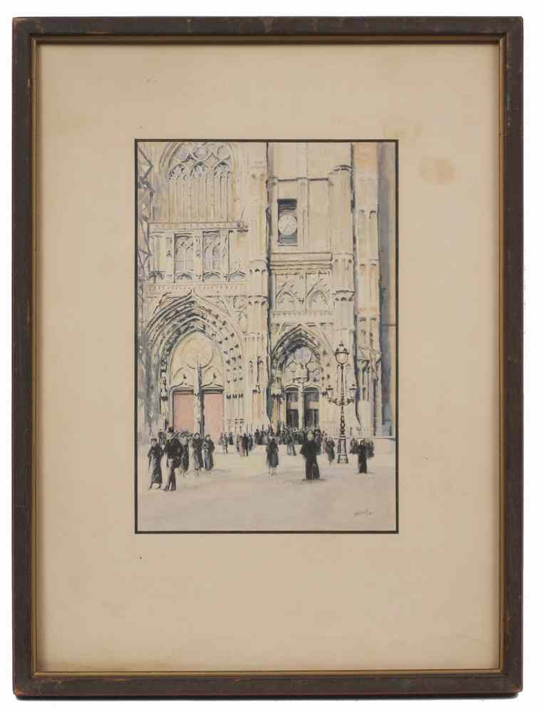 Appraisal: WATERCOLOR - View of front of Reims Cathedral with parishioners