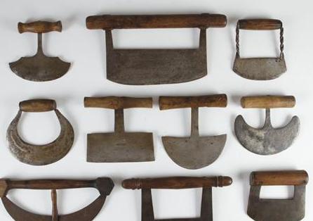 Appraisal: TEN EARLY AMERICAN WROUGHT-IRON AND WOOD FOOD CHOPPERS Est -