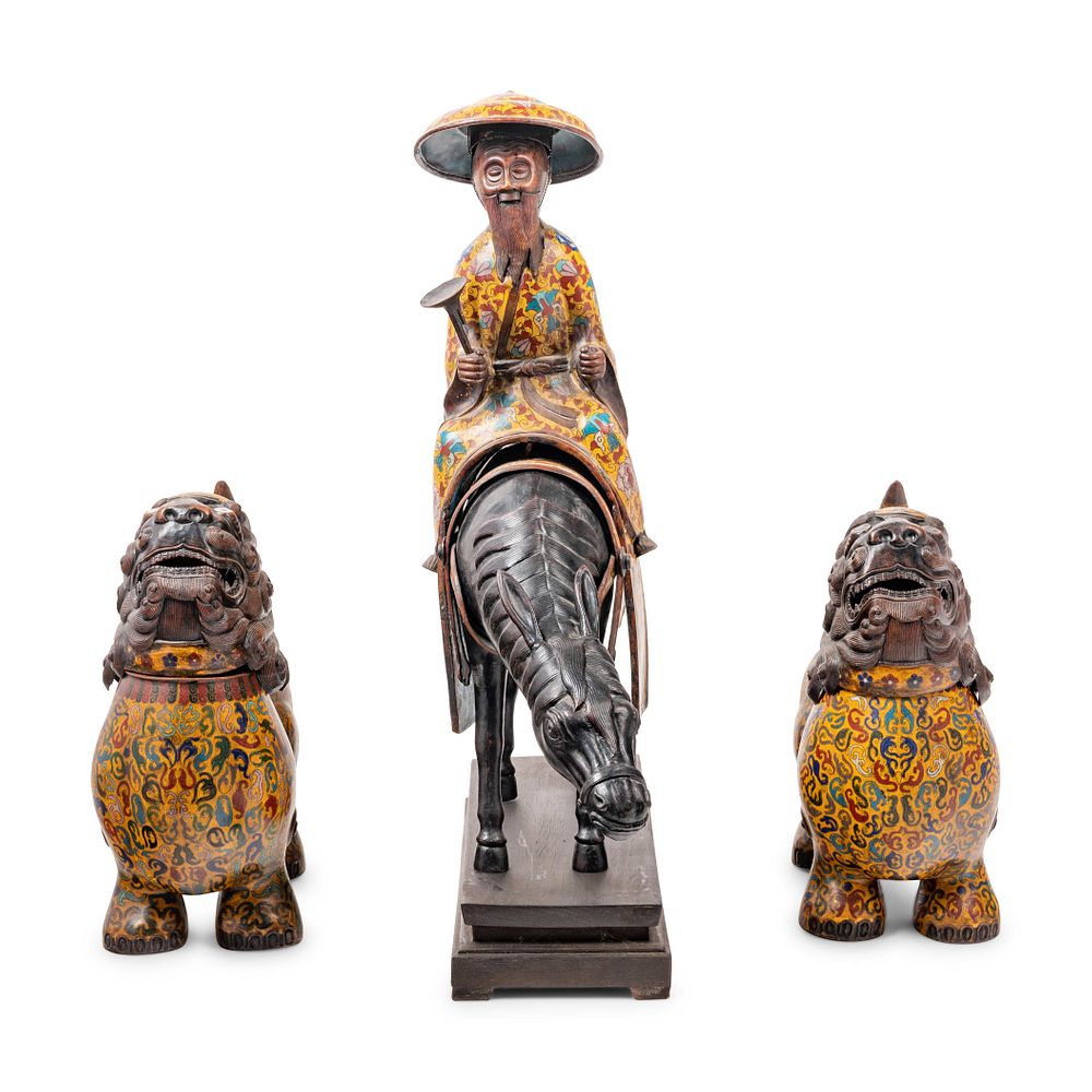 Appraisal: Three Chinese Yellow Ground Cloisonne Enameled Figural Articles Three Chinese