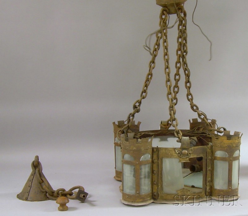 Appraisal: Bent Opaque Glass Panel and Iron Castle-form Eight-Light Chandelier approx