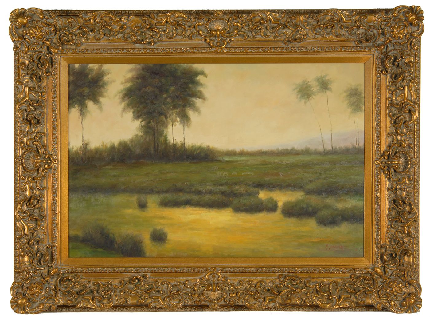 Appraisal: FRAMED PAINTING Landscape with water in foreground marsh grass and