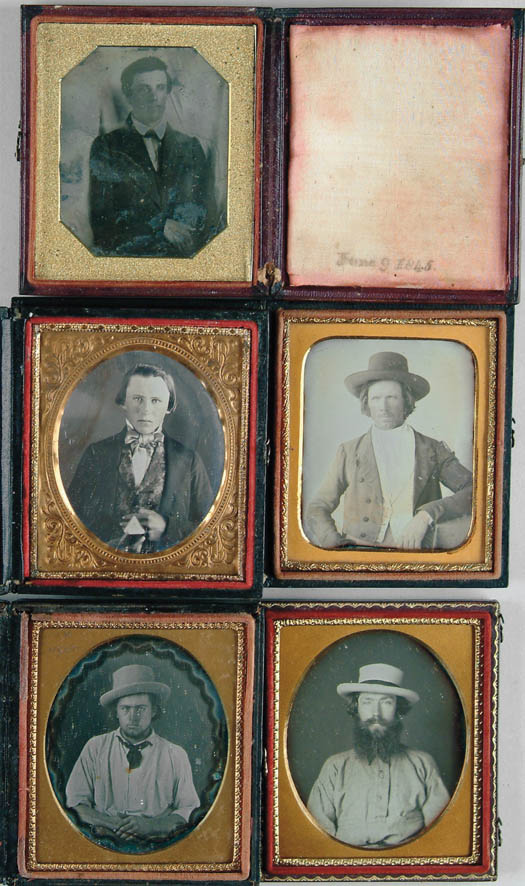 Appraisal: FIVE PLATE CASED DAGUERREOTYPES All with men Three having hats