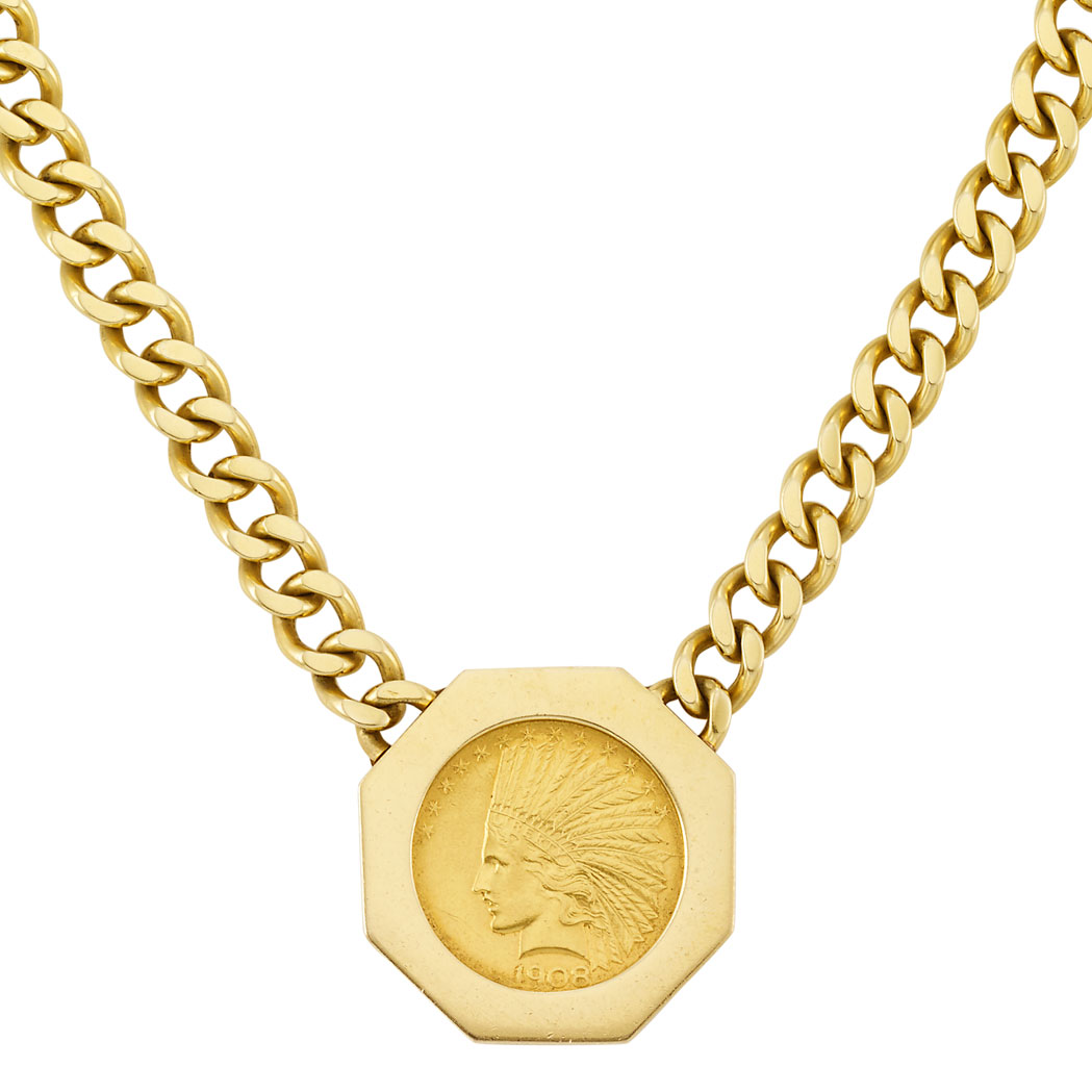 Appraisal: Gold and U S Gold Coin Curb Link Chain Necklace