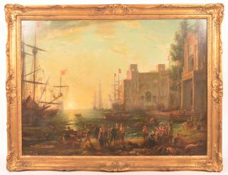 Appraisal: Painting of a Mediterranean Harbor Scene Large th th Century