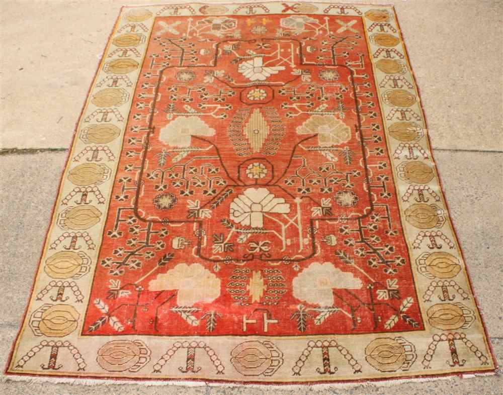 Appraisal: KHUTON TURKMAN RUG yellow brown cream pale coral on a