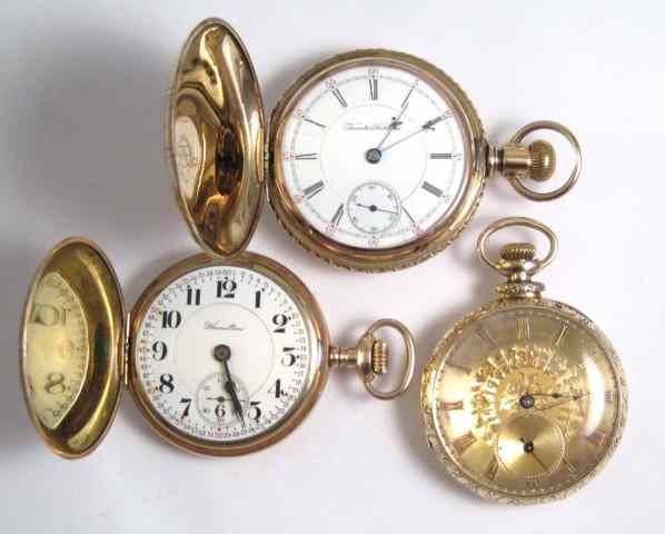 Appraisal: THREE HAMILTON POCKET WATCHES openface model railroad grade size jewels