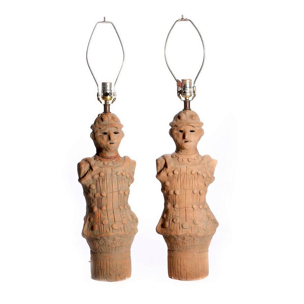 Appraisal: Pair of terracotta lamps A pair of terracotta Mezo American