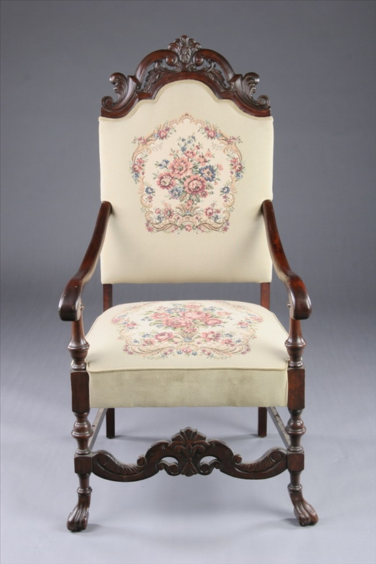 Appraisal: FLEMISH STYLE PADDED HIGH-BACK OPEN-ARM CHAIR early th century Arched