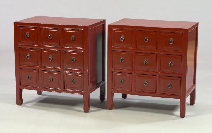 Appraisal: Pair of Asian Red-Lacquered Apothecary Cabinets each fitted with three