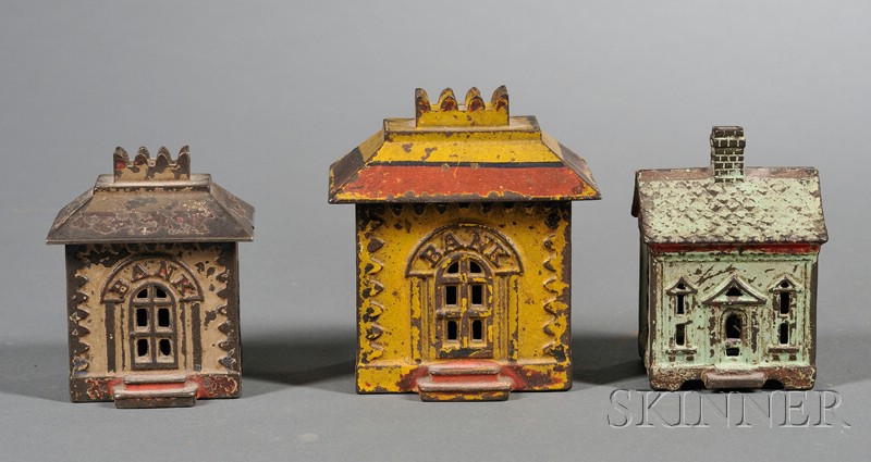 Appraisal: Three Small Painted Cast Iron Architectural Still Banks America late