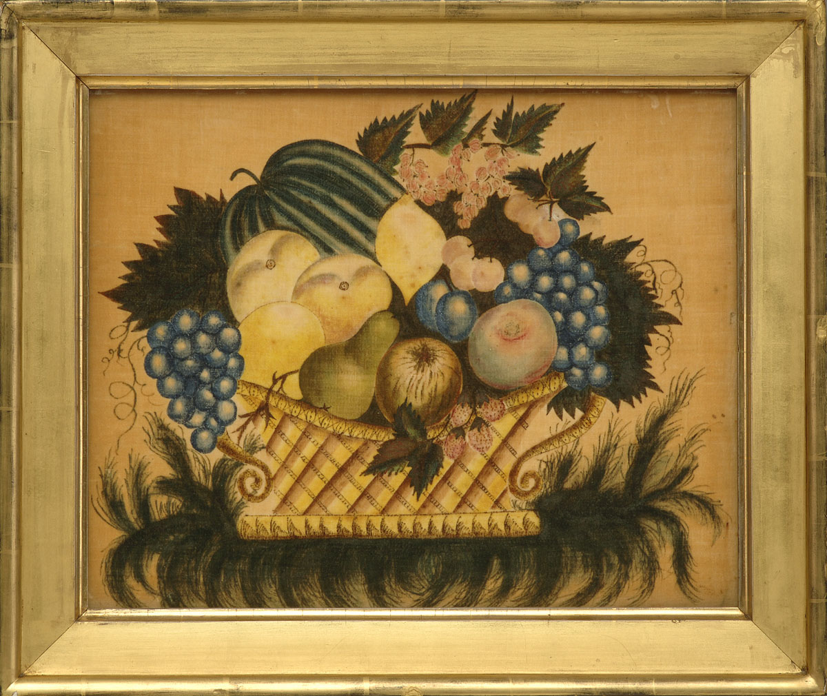 Appraisal: VELVET THEOREM PAINTING OF A YELLOW BASKET OF FRUIT WITH