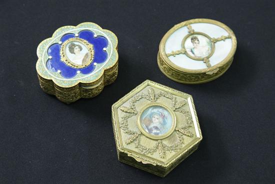 Appraisal: THREE GILT BRONZE TRINKET BOXES WITH MINIATURE PORTRAITS Including one