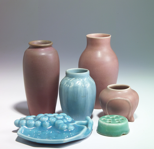 Appraisal: ROOKWOOD Six Production pieces four vases a flower frog and