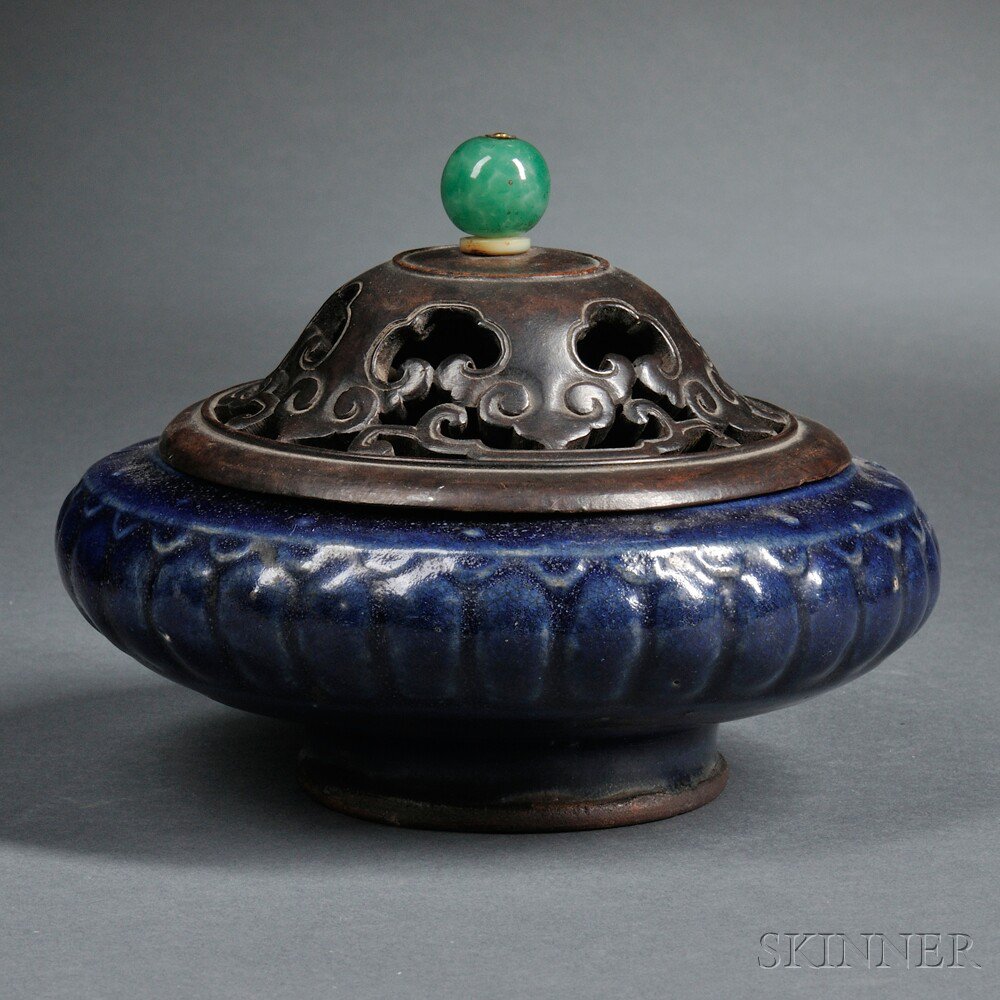 Appraisal: Stoneware Censer China lobed surface covered in a dark cobalt