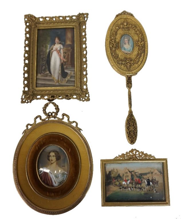 Appraisal: Three European Portraits a Vanity Mirror Three Gold Gilt European