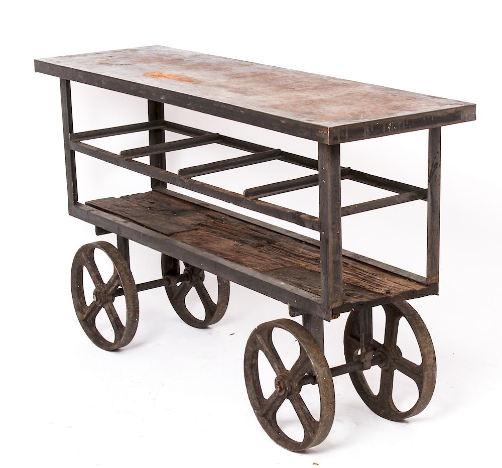 Appraisal: Industrial Metal Console Cart on Large Wheels Industrial console table