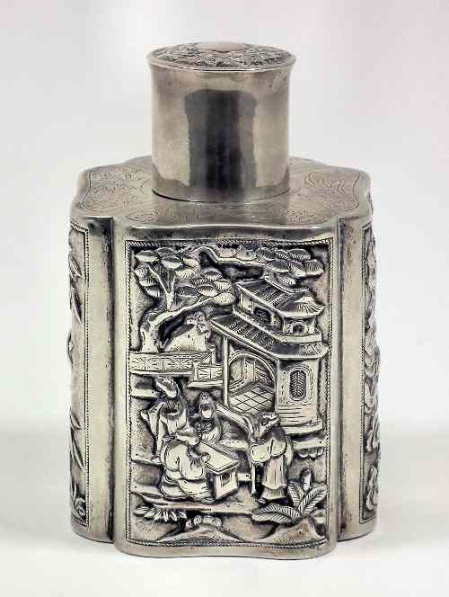 Appraisal: A Chinese silvery metal square tea caddy of lobed form