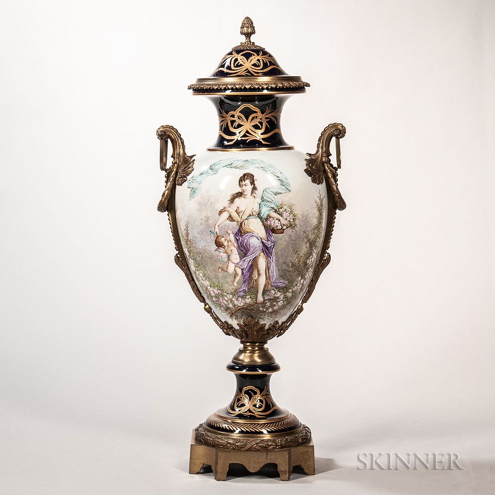 Appraisal: Bronze-mounted Sevres-style Porcelain Vase and Cover Bronze-mounted Sevres-style Porcelain Vase