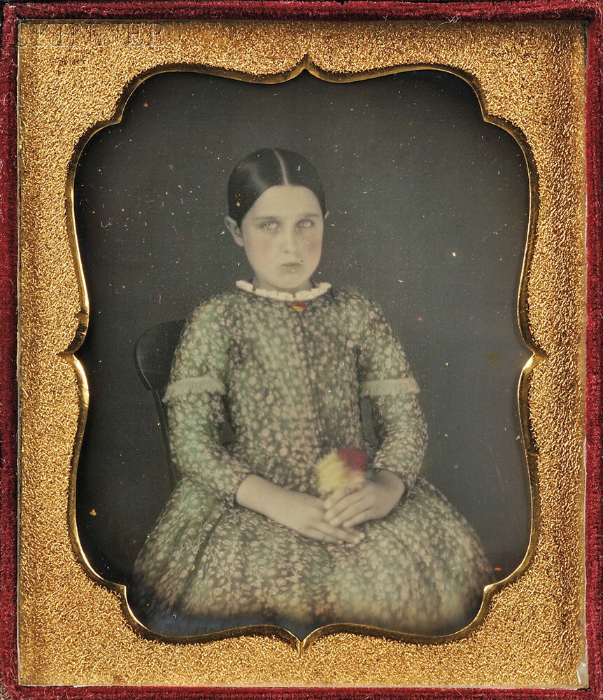 Appraisal: American School th Century Hand-tinted Sixth-plate Daguerreotype of a Girl