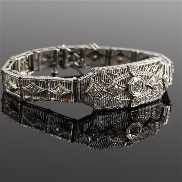 Appraisal: White gold k and Diamond Art Deco Filigree Bracelet dwt