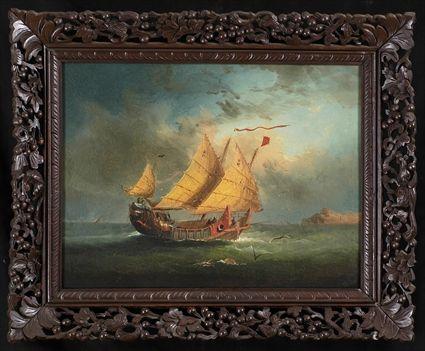 Appraisal: CONTINENTAL SCHOOL CHINESE SHIP AT SEA Oil mounted on board