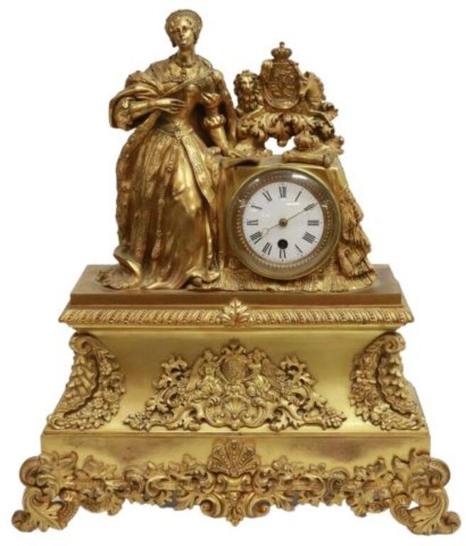 Appraisal: French gilt metal figural shelf clock mid th c noblewoman